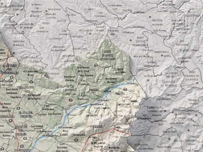 Mapa de relieve del Alt Penedès, con el territorio en color y el entorno en blanco. Detalle de la zona superior derecha. 30 × 40 cm. Estilo Cartográfico.
