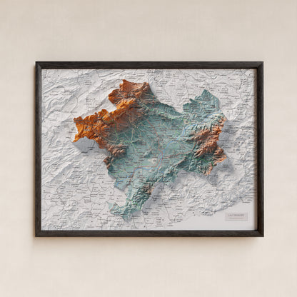 Mapa de relieve del Alt Penedès, con el territorio en color y el entorno en blanco. Presentación con marco. 30 × 40 cm. Estilo Azul y naranja.