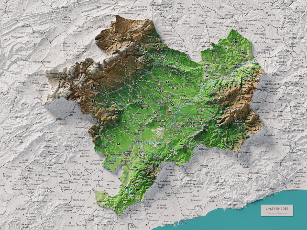 Mapa de relieve del Alt Penedès, con el territorio en color y el entorno en blanco. Vista completa de la lámina. 30 × 40 cm. Estilo Clásico.