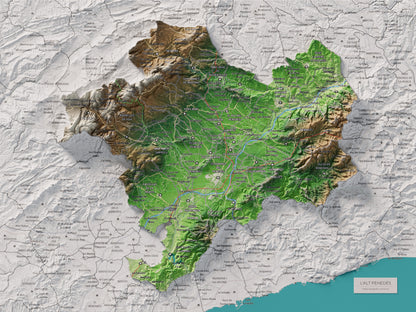 Mapa de relieve del Alt Penedès, con el territorio en color y el entorno en blanco. Vista completa de la lámina. 30 × 40 cm. Estilo Clásico.
