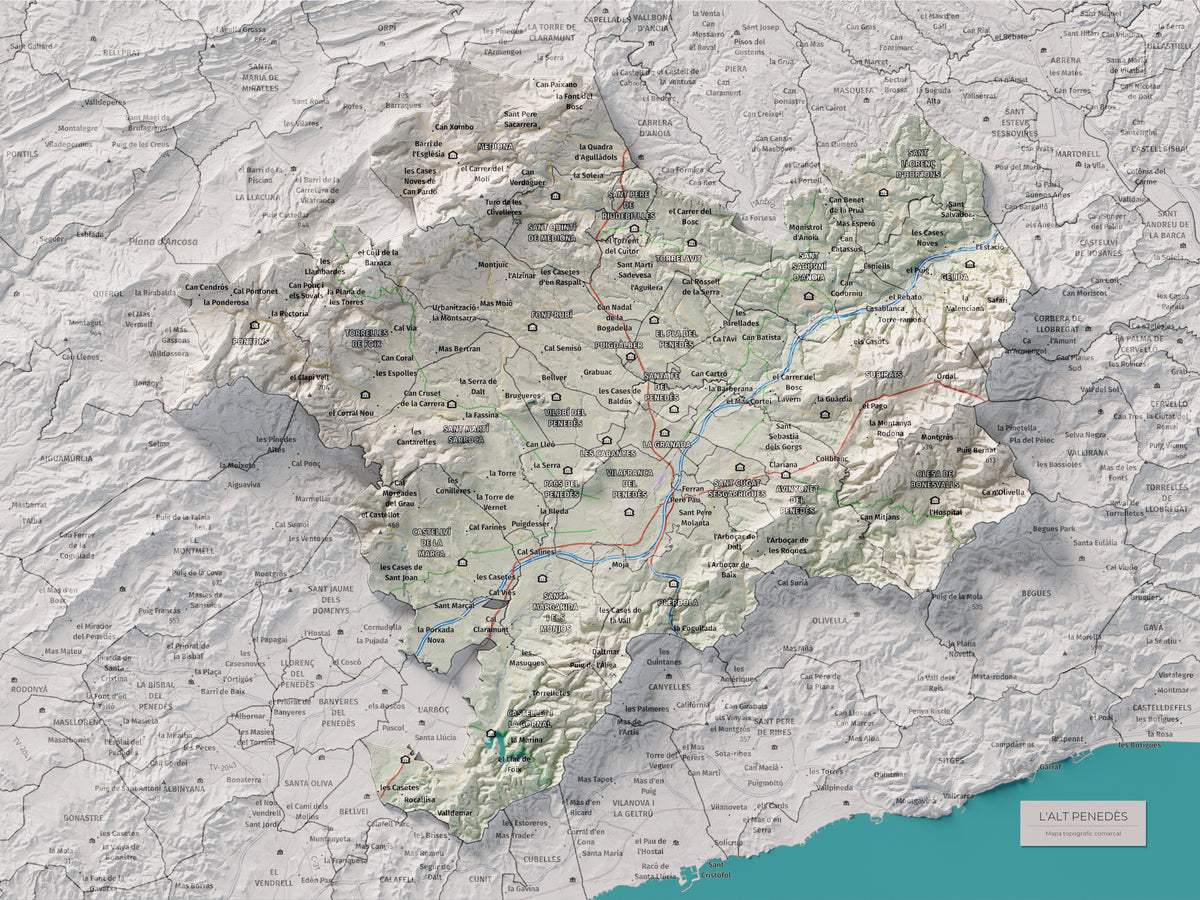 Mapa de relieve del Alt Penedès, con el territorio en color y el entorno en blanco. Vista completa de la lámina. 30 × 40 cm. Estilo Cartográfico.