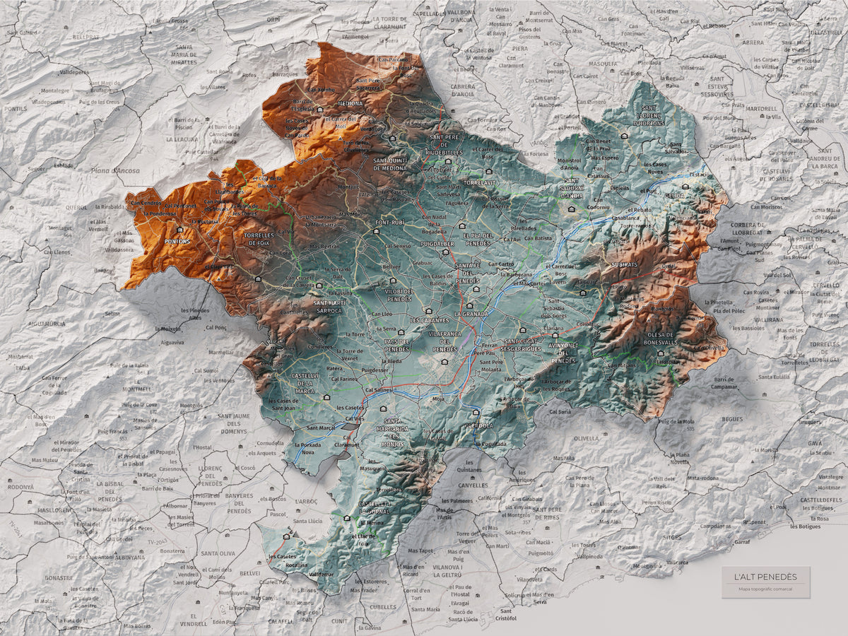 Mapa de relieve del Alt Penedès, con el territorio en color y el entorno en blanco. Vista completa de la lámina. 30 × 40 cm. Estilo Azul y naranja.