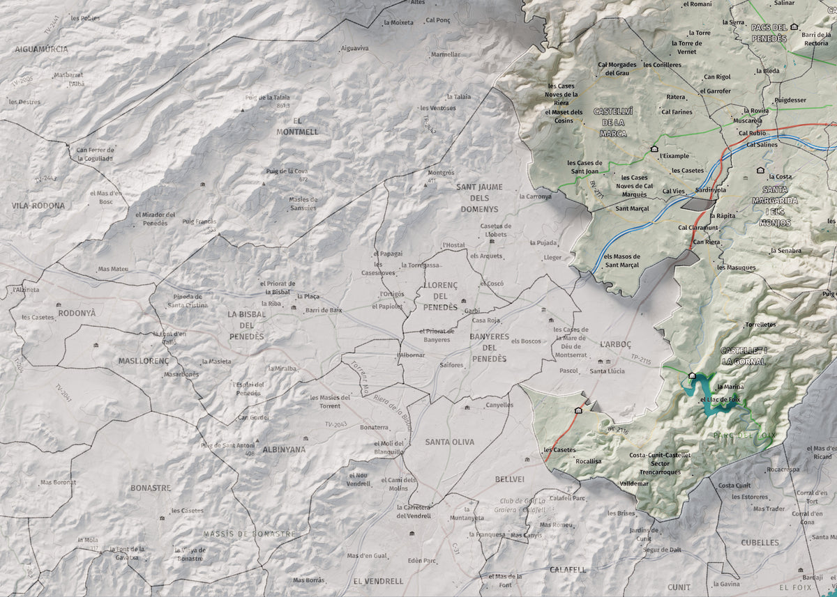 Mapa de relieve del Alt Penedès, con el territorio en color y el entorno en blanco. Detalle de la zona inferior izquierda. 50 × 70 cm. Estilo Cartográfico.
