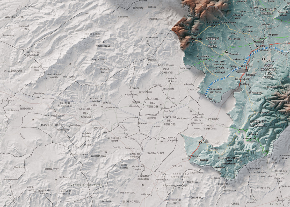 Mapa de relieve del Alt Penedès, con el territorio en color y el entorno en blanco. Detalle de la zona inferior izquierda. 50 × 70 cm. Estilo Azul y naranja.