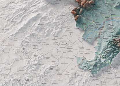 Mapa de relieve del Alt Penedès, con el territorio en color y el entorno en blanco. Detalle de la zona inferior izquierda. 50 × 70 cm. Estilo Azul y naranja.