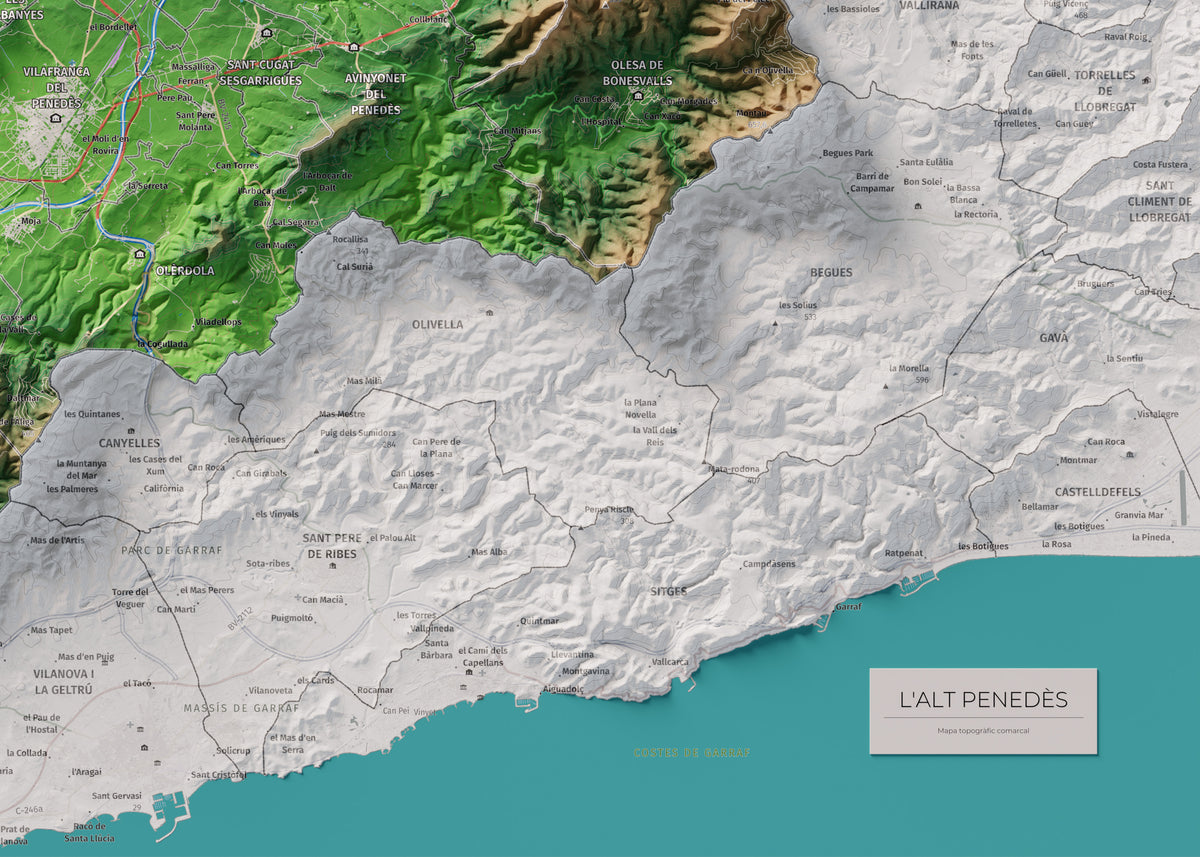 Mapa de relieve del Alt Penedès, con el territorio en color y el entorno en blanco. Detalle de la zona inferior derecha. 50 × 70 cm. Estilo Clásico.