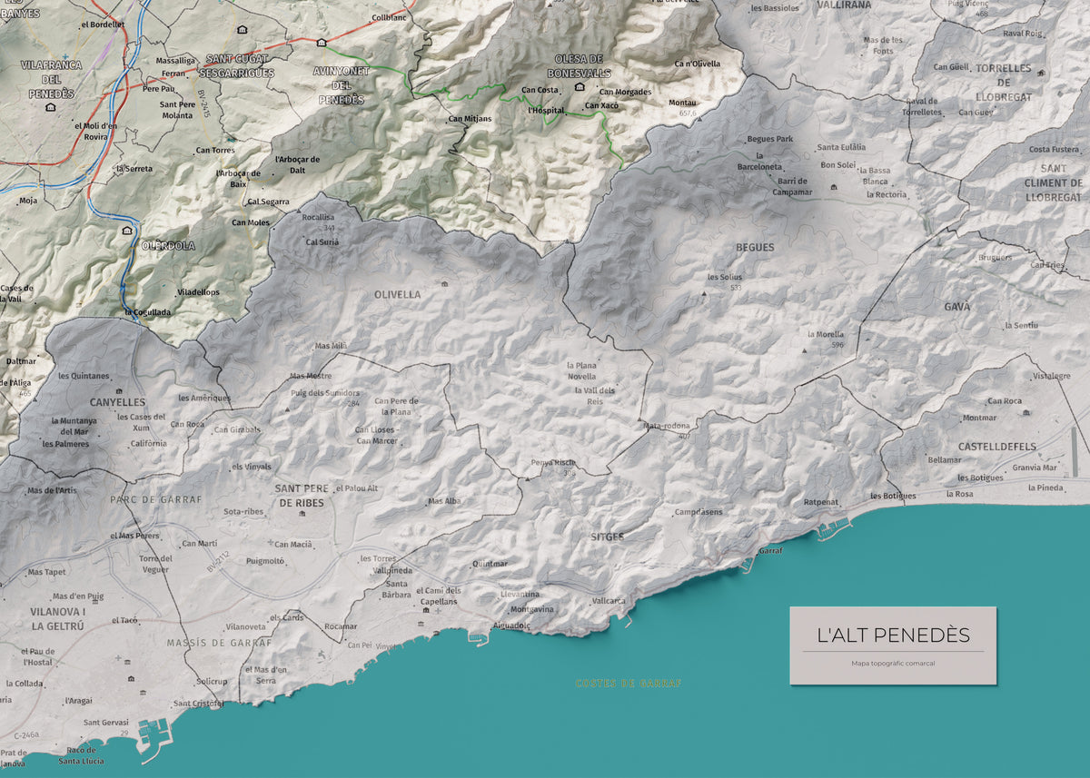 Mapa de relieve del Alt Penedès, con el territorio en color y el entorno en blanco. Detalle de la zona inferior derecha. 50 × 70 cm. Estilo Cartográfico.