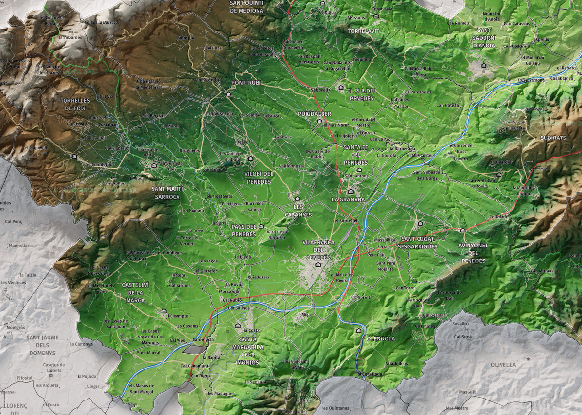 Mapa de relieve del Alt Penedès, con el territorio en color y el entorno en blanco. Detalle de la zona central. 50 × 70 cm. Estilo Clásico.