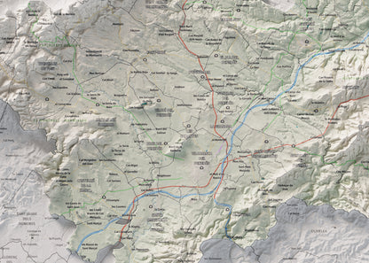 Mapa de relieve del Alt Penedès, con el territorio en color y el entorno en blanco. Detalle de la zona central. 50 × 70 cm. Estilo Cartográfico.