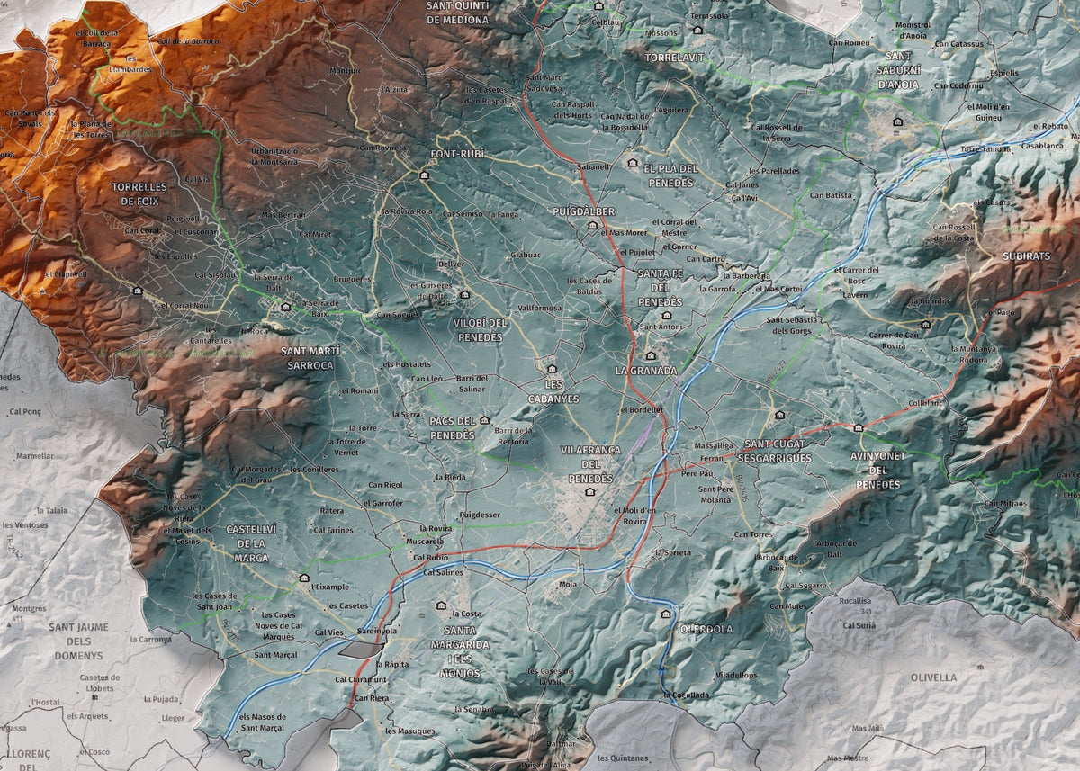 Mapa de relieve del Alt Penedès, con el territorio en color y el entorno en blanco. Detalle de la zona central. 50 × 70 cm. Estilo Azul y naranja.