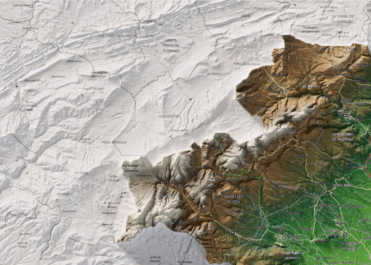Mapa de relieve del Alt Penedès, con el territorio en color y el entorno en blanco. Detalle de la zona superior izquierda. 50 × 70 cm. Estilo Clásico.