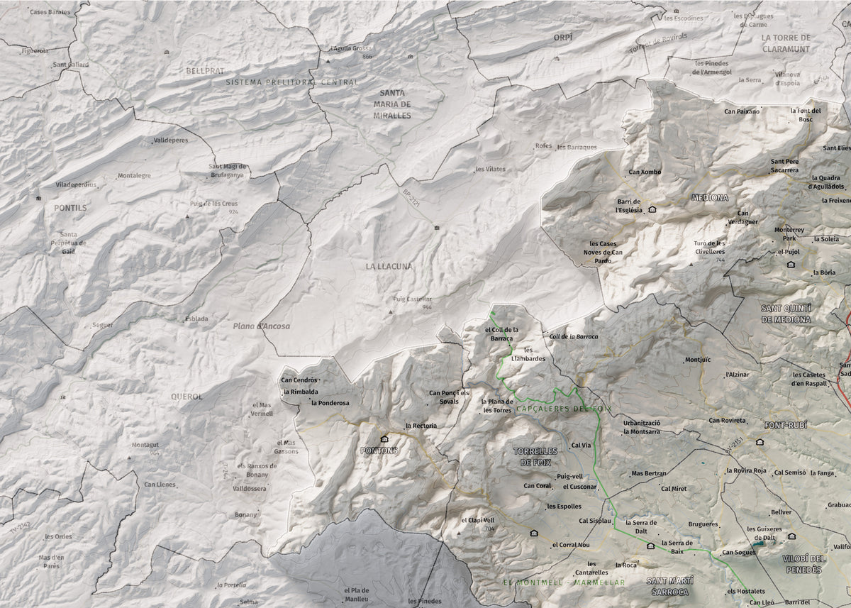 Mapa de relieve del Alt Penedès, con el territorio en color y el entorno en blanco. Detalle de la zona superior izquierda. 50 × 70 cm. Estilo Cartográfico.