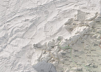 Mapa de relieve del Alt Penedès, con el territorio en color y el entorno en blanco. Detalle de la zona superior izquierda. 50 × 70 cm. Estilo Cartográfico.