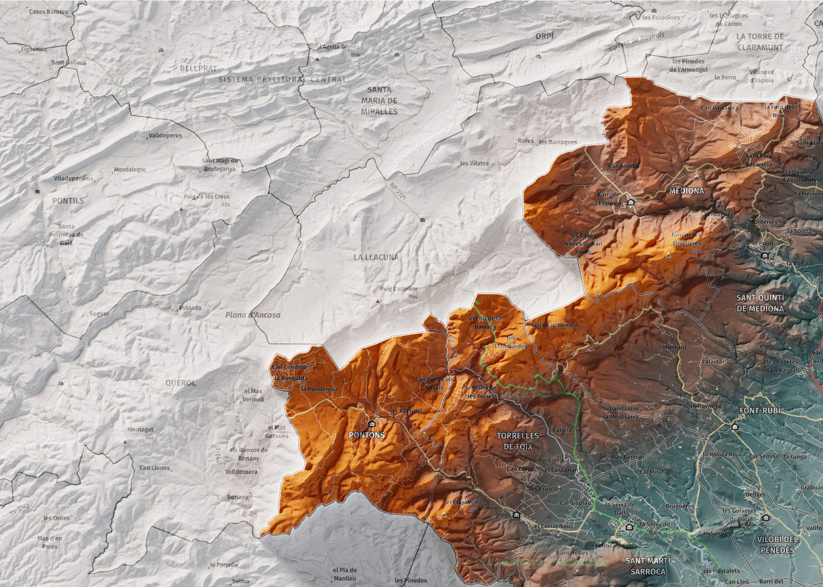 Mapa de relieve del Alt Penedès, con el territorio en color y el entorno en blanco. Detalle de la zona superior izquierda. 50 × 70 cm. Estilo Azul y naranja.