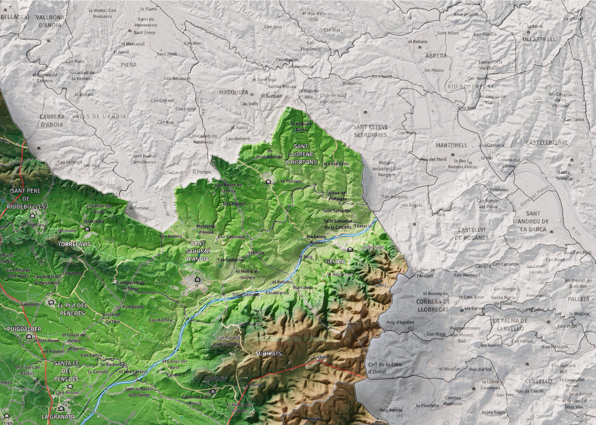 Mapa de relieve del Alt Penedès, con el territorio en color y el entorno en blanco. Detalle de la zona superior derecha. 50 × 70 cm. Estilo Clásico.