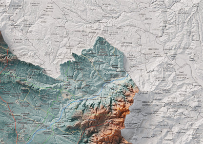 Mapa de relieve del Alt Penedès, con el territorio en color y el entorno en blanco. Detalle de la zona superior derecha. 50 × 70 cm. Estilo Azul y naranja.