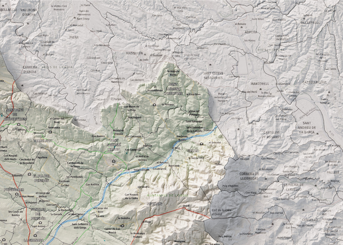 Mapa de relieve del Alt Penedès, con el territorio en color y el entorno en blanco. Detalle de la zona superior derecha. 50 × 70 cm. Estilo Cartográfico.