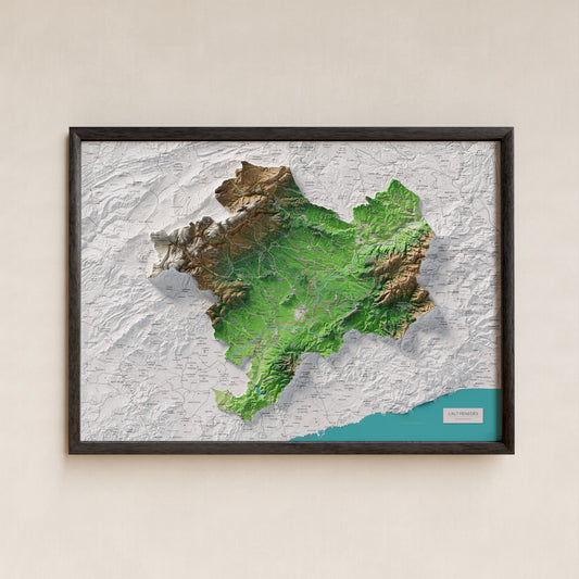 Mapa de relieve del Alt Penedès, con el territorio en color y el entorno en blanco. Presentación con marco. 50 × 70 cm. Estilo Clásico.