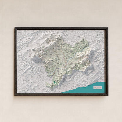 Mapa de relieve del Alt Penedès, con el territorio en color y el entorno en blanco. Presentación con marco. 50 × 70 cm. Estilo Cartográfico.