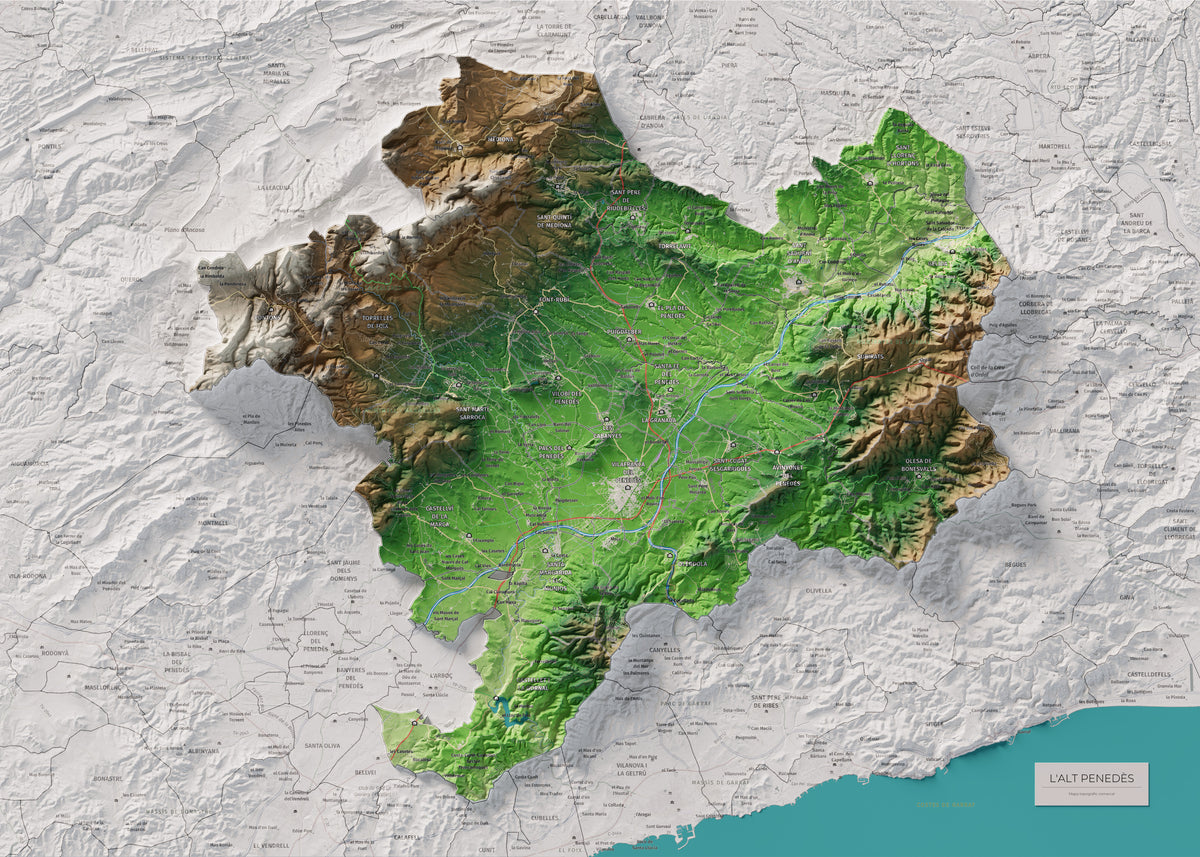Mapa de relieve del Alt Penedès, con el territorio en color y el entorno en blanco. Vista completa de la lámina. 50 × 70 cm. Estilo Clásico.
