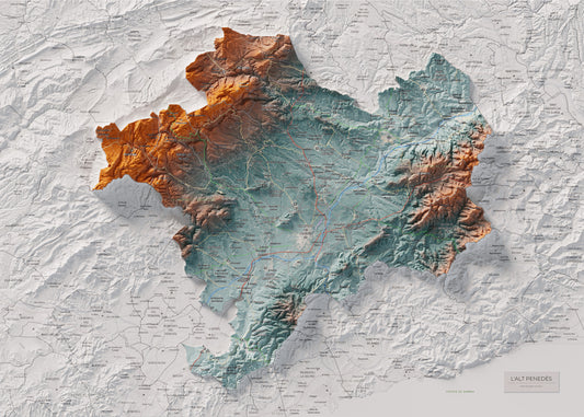 Mapa de relieve del Alt Penedès, con el territorio en color y el entorno en blanco. Vista completa de la lámina. 50 × 70 cm. Estilo Contrastado.