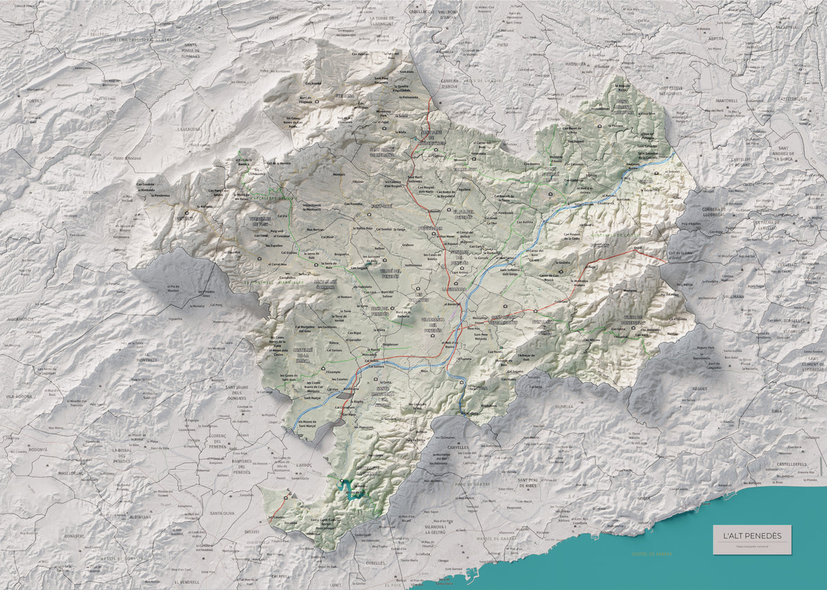 Mapa de relieve del Alt Penedès, con el territorio en color y el entorno en blanco. Vista completa de la lámina. 50 × 70 cm. Estilo Cartográfico.
