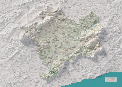Mapa de relieve del Alt Penedès, con el territorio en color y el entorno en blanco. Vista completa de la lámina. 50 × 70 cm. Estilo Cartográfico.