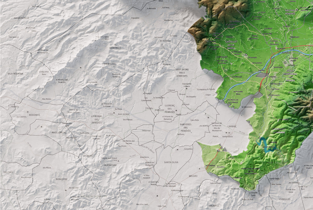 Mapa de relieve del Alt Penedès, con el territorio en color y el entorno en blanco. Detalle de la zona inferior izquierda. 61 × 91 cm. Estilo Clásico.
