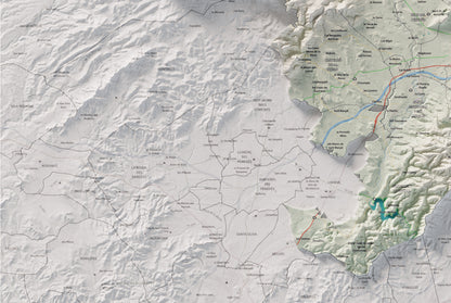 Mapa de relieve del Alt Penedès, con el territorio en color y el entorno en blanco. Detalle de la zona inferior izquierda. 61 × 91 cm. Estilo Cartográfico.