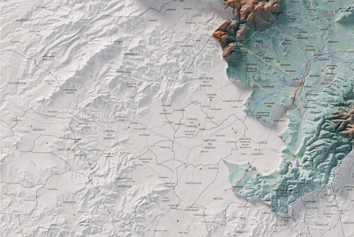 Mapa de relieve del Alt Penedès, con el territorio en color y el entorno en blanco. Detalle de la zona inferior izquierda. 61 × 91 cm. Estilo Azul y naranja.