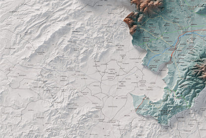 Mapa de relieve del Alt Penedès, con el territorio en color y el entorno en blanco. Detalle de la zona inferior izquierda. 61 × 91 cm. Estilo Azul y naranja.
