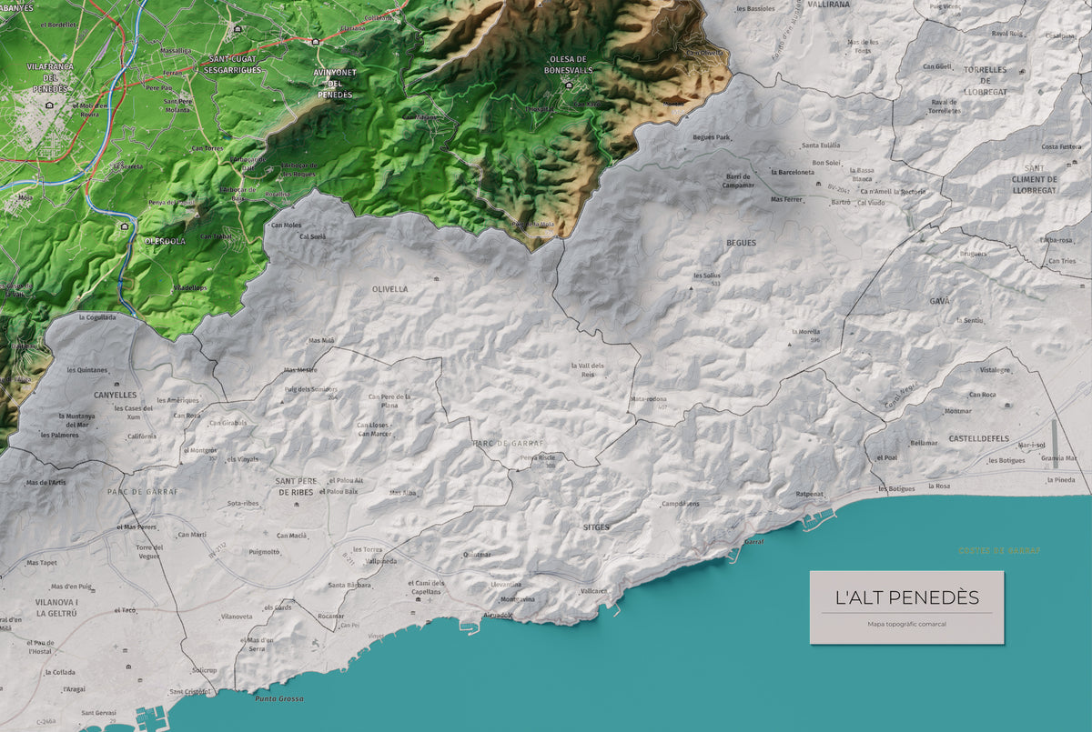 Mapa de relieve del Alt Penedès, con el territorio en color y el entorno en blanco. Detalle de la zona inferior derecha. 61 × 91 cm. Estilo Clásico.