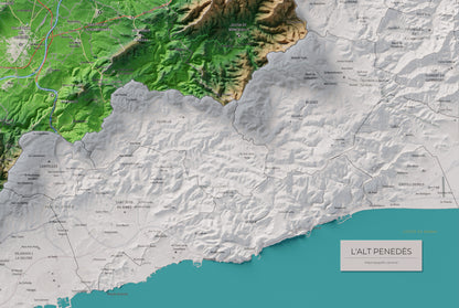 Mapa de relieve del Alt Penedès, con el territorio en color y el entorno en blanco. Detalle de la zona inferior derecha. 61 × 91 cm. Estilo Clásico.