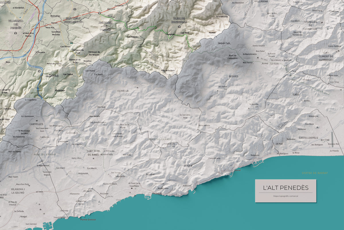 Mapa de relieve del Alt Penedès, con el territorio en color y el entorno en blanco. Detalle de la zona inferior derecha. 61 × 91 cm. Estilo Cartográfico.