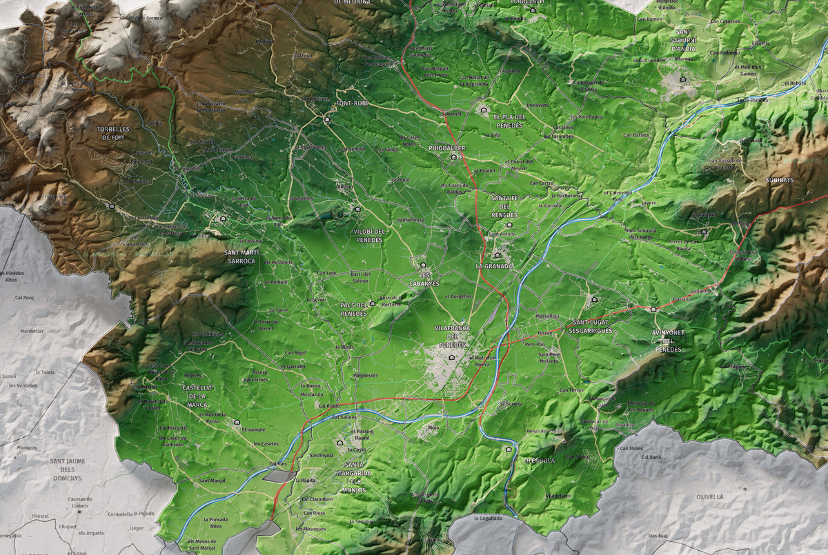 Mapa de relieve del Alt Penedès, con el territorio en color y el entorno en blanco. Detalle de la zona central. 61 × 91 cm. Estilo Clásico.