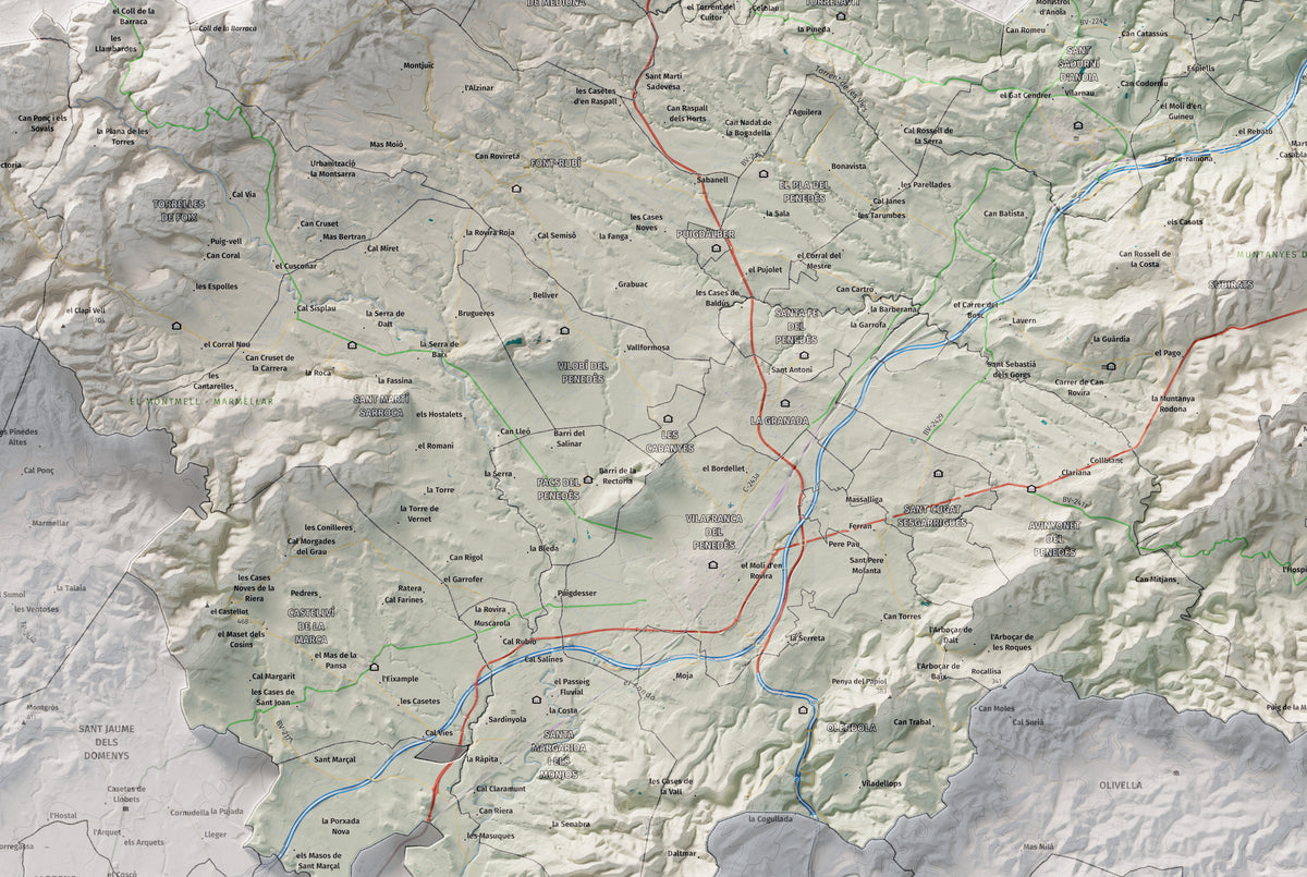 Mapa de relieve del Alt Penedès, con el territorio en color y el entorno en blanco. Detalle de la zona central. 61 × 91 cm. Estilo Cartográfico.