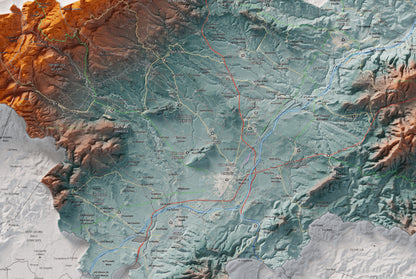 Mapa de relieve del Alt Penedès, con el territorio en color y el entorno en blanco. Detalle de la zona central. 61 × 91 cm. Estilo Azul y naranja.