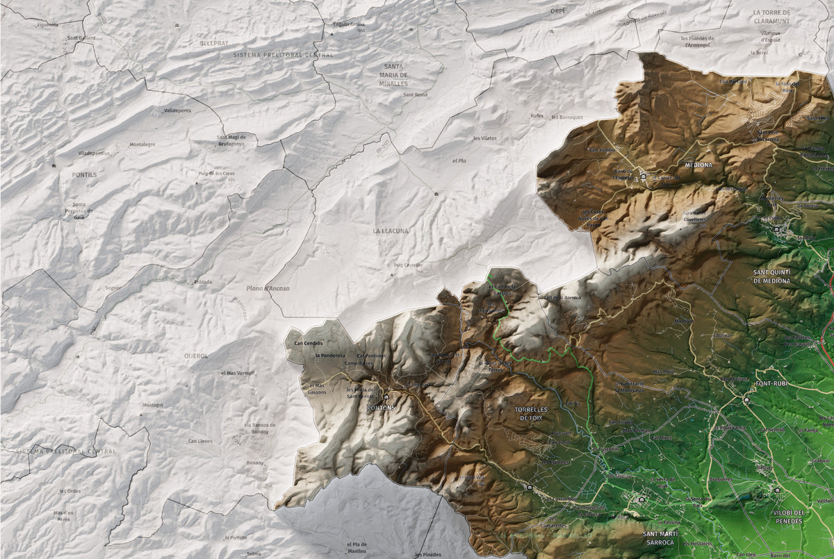 Mapa de relieve del Alt Penedès, con el territorio en color y el entorno en blanco. Detalle de la zona superior izquierda. 61 × 91 cm. Estilo Clásico.