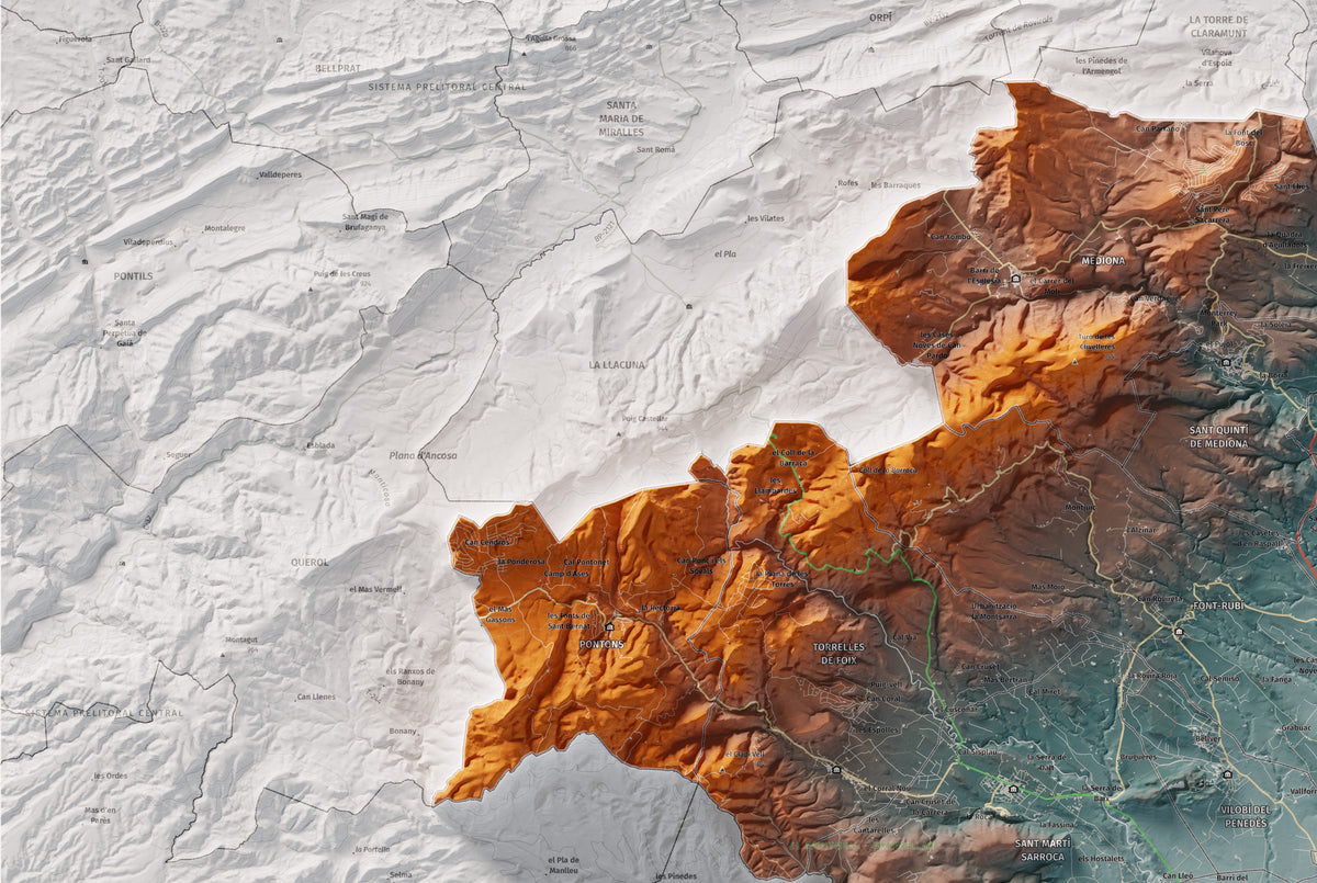 Mapa de relieve del Alt Penedès, con el territorio en color y el entorno en blanco. Detalle de la zona superior izquierda. 61 × 91 cm. Estilo Azul y naranja.