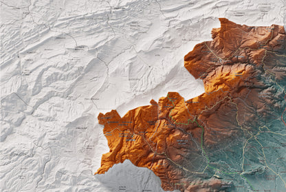 Mapa de relieve del Alt Penedès, con el territorio en color y el entorno en blanco. Detalle de la zona superior izquierda. 61 × 91 cm. Estilo Azul y naranja.