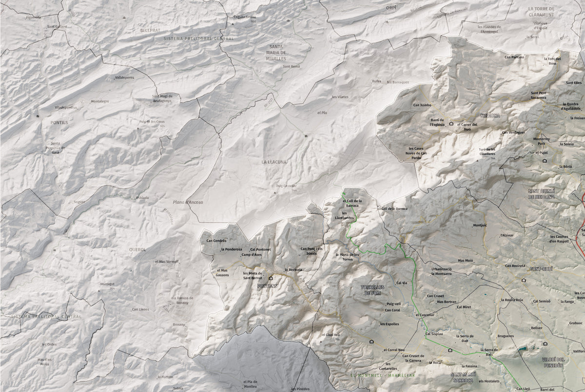 Mapa de relieve del Alt Penedès, con el territorio en color y el entorno en blanco. Detalle de la zona superior izquierda. 61 × 91 cm. Estilo Cartográfico.