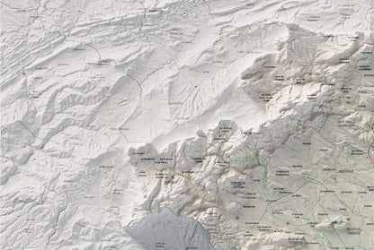 Mapa de relieve del Alt Penedès, con el territorio en color y el entorno en blanco. Detalle de la zona superior izquierda. 61 × 91 cm. Estilo Cartográfico.