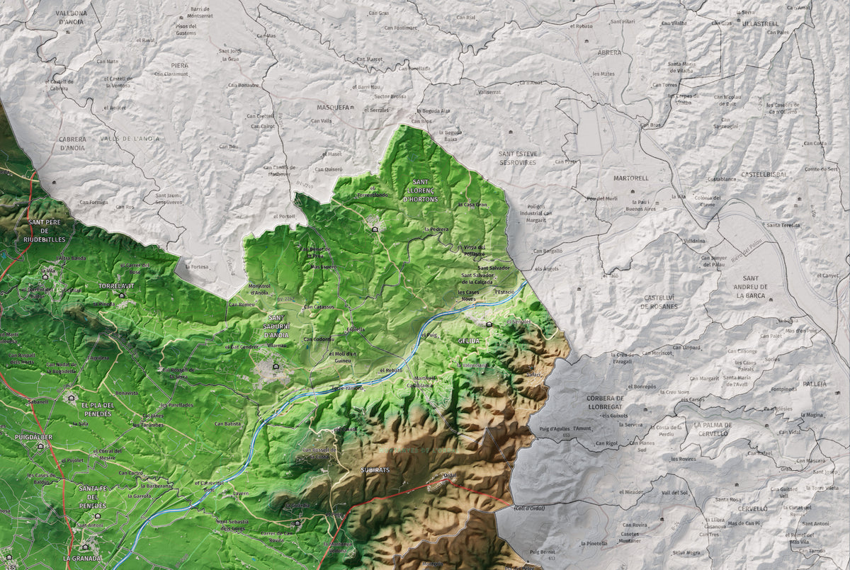 Mapa de relieve del Alt Penedès, con el territorio en color y el entorno en blanco. Detalle de la zona superior derecha. 61 × 91 cm. Estilo Clásico.