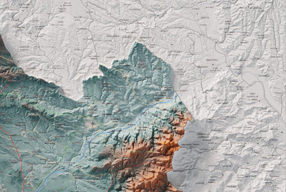 Mapa de relieve del Alt Penedès, con el territorio en color y el entorno en blanco. Detalle de la zona superior derecha. 61 × 91 cm. Estilo Azul y naranja.