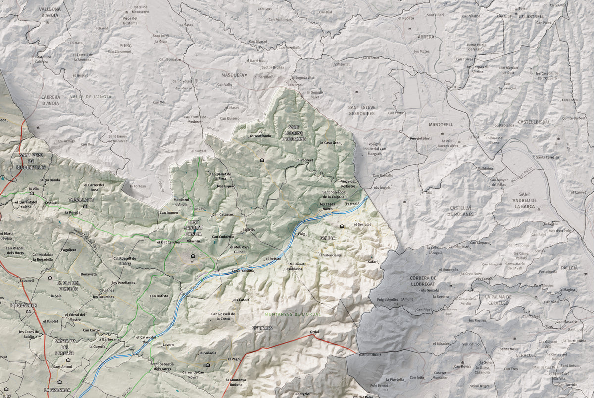 Mapa de relieve del Alt Penedès, con el territorio en color y el entorno en blanco. Detalle de la zona superior derecha. 61 × 91 cm. Estilo Cartográfico.