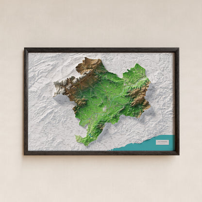 Mapa de relieve del Alt Penedès, con el territorio en color y el entorno en blanco. Presentación con marco. 61 × 91 cm. Estilo Clásico.