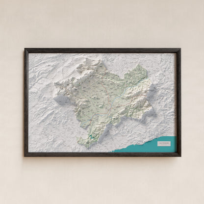 Mapa de relieve del Alt Penedès, con el territorio en color y el entorno en blanco. Presentación con marco. 61 × 91 cm. Estilo Cartográfico.