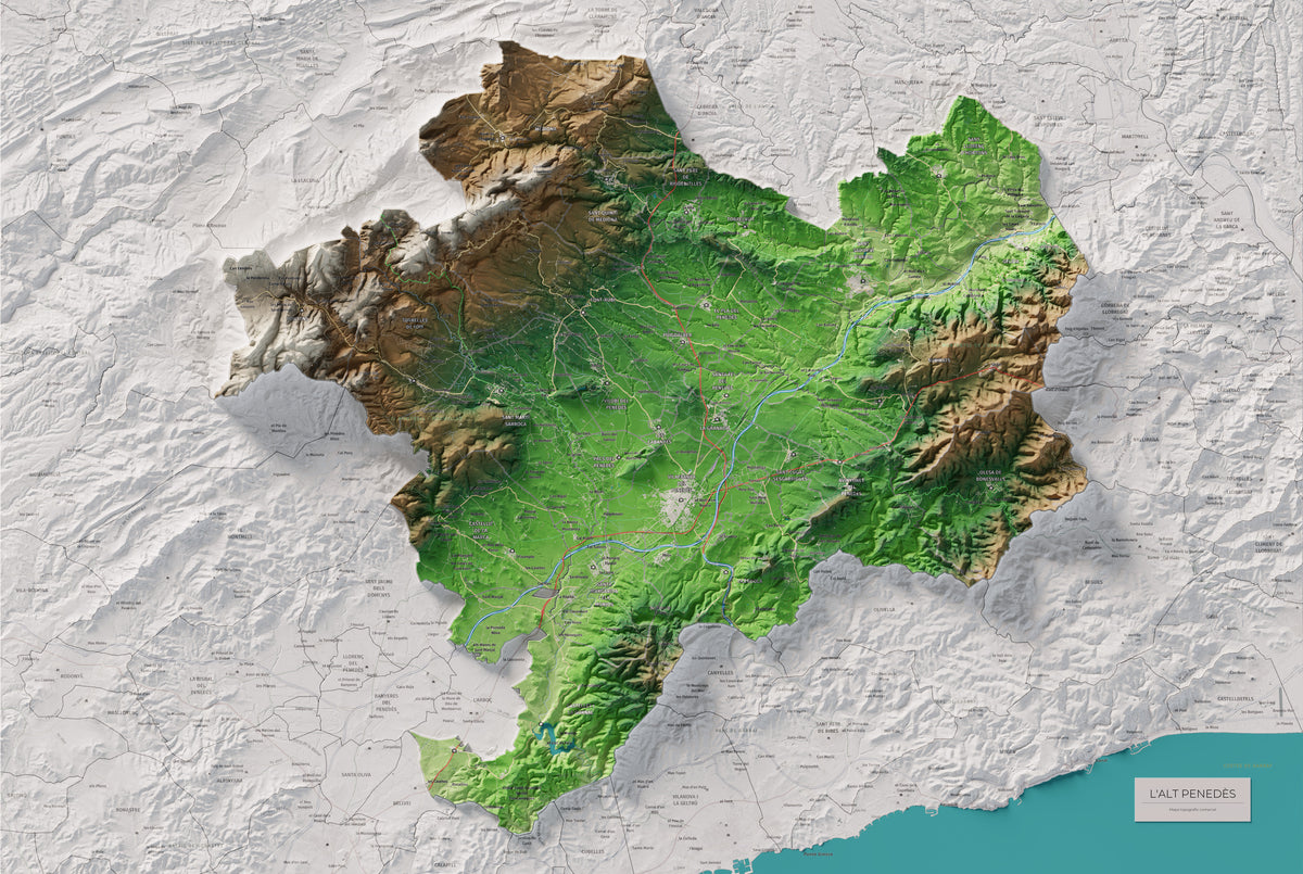 Mapa de relieve del Alt Penedès, con el territorio en color y el entorno en blanco. Vista completa de la lámina. 61 × 91 cm. Estilo Clásico.