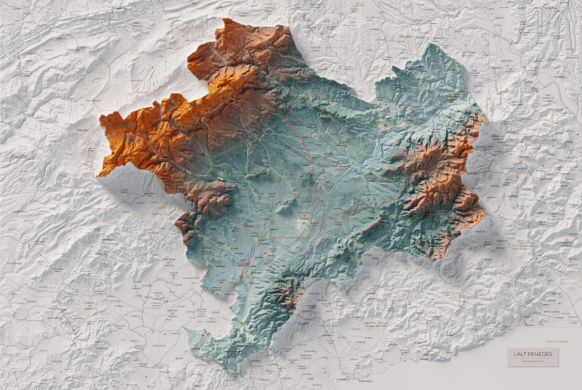 Mapa de relieve del Alt Penedès, con el territorio en color y el entorno en blanco. Vista completa de la lámina. 61 × 91 cm. Estilo Azul y naranja.