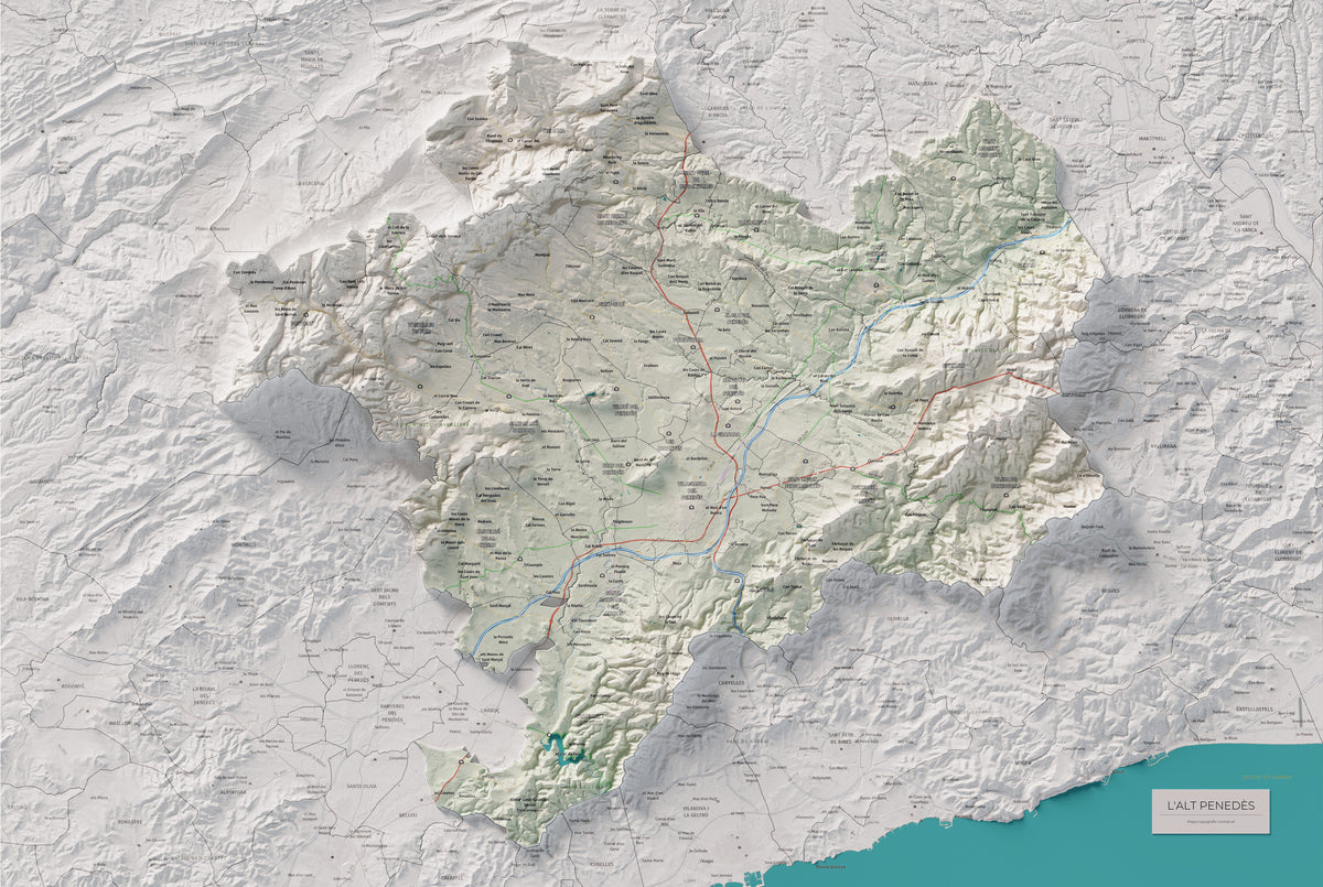 Mapa de relieve del Alt Penedès, con el territorio en color y el entorno en blanco. Vista completa de la lámina. 61 × 91 cm. Estilo Cartográfico.